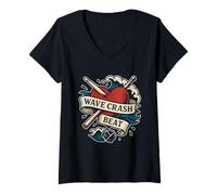 Femme Bâtonnets cardiaques Wave Crash Beat T-Shirt avec Col en V