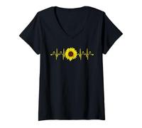 Femme Battement De Coeur Fleurir Fleurs Belle Tournesol T-Shirt avec Col en V