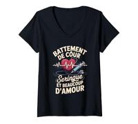 Femme Battement De Coeur Seringue Et Beaucoup D Amour T-Shirt avec Col en V