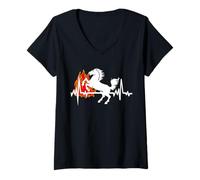 Femme Battement de Cœur du Cheval Équitation Feu Chaleur T-Shirt avec Col en V