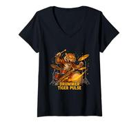 Femme Batteur Tiger Wild Rhythm Pulse T-Shirt avec Col en V