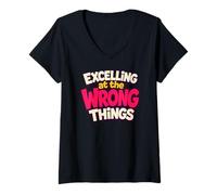 Femme BD Humoristique avec Citation Sarcastique Excelling At The Wrong Things T-Shirt avec Col en V