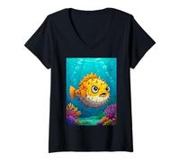 Femme BD Style Poisson-Globe Rond à Picots gonflés récifs coralliens T-Shirt avec Col en V