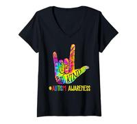 Femme Be Kind ASL Love Langue des Signes Main Autisme Sensibilisation Tie Dye T-Shirt avec Col en V