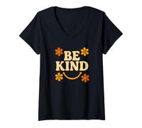 Femme Be Kind Retro 70's Flower Smile Design T-Shirt avec Col en V
