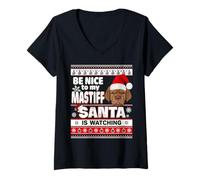 Femme Be Nice to Me I Know Santa Bordeaux Mastiff Dog Christmas T-Shirt avec Col en V