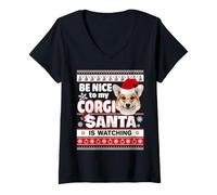 Femme Be Nice to Me I Know Santa Corgi Dog Christmas Xmas T-Shirt avec Col en V