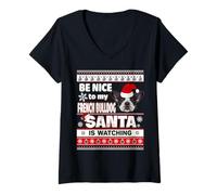 Femme Be Nice to Me I Know Santa French Bulldog Dog Christmas Xmas T-Shirt avec Col en V