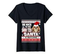 Femme Be Nice to Me I Know Santa Shih Tzu Dog Christmas T-Shirt avec Col en V