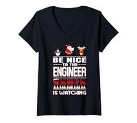 Femme Be Nice to The Engineer Santa is Watching Funny Christmas T-Shirt avec Col en V
