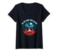 Femme Be on Fire for Jesus - Revelation 3:15 Faith Camping T-Shirt avec Col en V