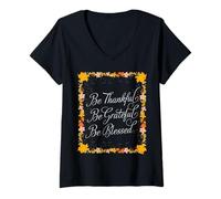 Femme Be Thankful Grateful Blessed Automne Thanksgiving Fleur T-Shirt avec Col en V