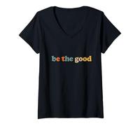 Femme Be The Good Typographie de positivité rétro Vieilli T-Shirt avec Col en V