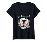 Femme Be Transformed Butterfly Christian Bible Verse Romans 12:2 T-Shirt avec Col en V