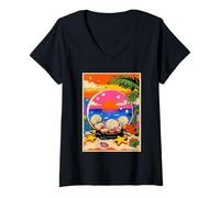Femme Beach Sunset Globe Vacances d'été Tropicales surréalistes et rêveuses T-Shirt avec Col en V