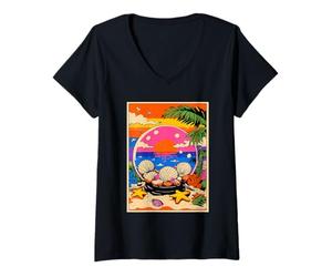 Femme Beach Sunset Globe Vacances d'été Tropicales surréalistes et rêveuses T-Shirt avec Col en V