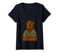 Femme Bear Lunettes de Soleil Cowboy Chapeau Country Texas Rodeo Ranch Western T-Shirt avec Col en V