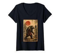 Femme Bear Samurai Warrior Japanese Vintage Graphic Ukiyo-e Art T-Shirt avec Col en V