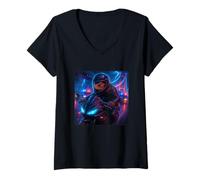 Femme Bearded Dragon Cyberpunk Rider Moto Biker Synthwave T-Shirt avec Col en V