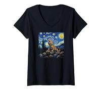 Femme Bearded Dragons Prehistoric Starry Night Van Gogh Style T-Shirt avec Col en V