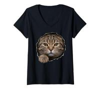 Femme Beau Chat tigré Brun regardant à Travers T-Shirt avec Col en V