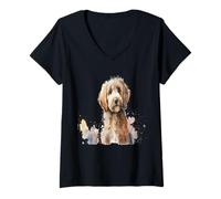 Femme Beau Portrait Aquarelle de gribouillage doré T-Shirt avec Col en V