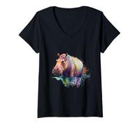 Femme Beau Portrait d'hippopotame Aquarelle T-Shirt avec Col en V