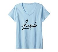 Femme Beautiful Handwritten Font Lando Calligraphy T-Shirt avec Col en V, Bleu Céleste, S