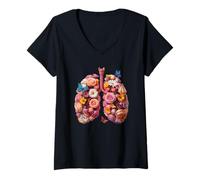 Femme Beaux poumons et Fleurs artistiques T-Shirt avec Col en V