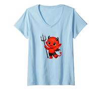 Femme Bébé Diable Rouge Joyeux avec Trident Formes Mania T-Shirt avec Col en V