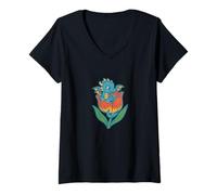 Femme Bébé Dragon dans Un Motif de Tulipe Rouge T-Shirt avec Col en V