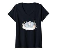 Femme Bébé éléphant Aquarelle Fleurs Nuage Mignon Animal Motif T-Shirt avec Col en V