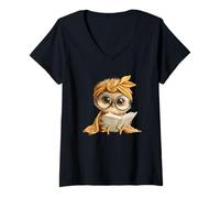 Femme Bébé Hibou Livre Ouvert Lecture Oiseau Graphique Portrait Arc Rond T-Shirt avec Col en V