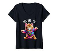 Femme Bedford in USA - Motif Chat Dansant Amusant et coloré T-Shirt avec Col en V