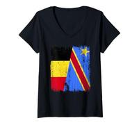 Femme Belgique Congo Demi Drapeau Belge Fierté Congolaise Jersey T-Shirt avec Col en V