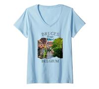 Femme Belgique Heritage Iconic Bruges Canal Architecture médiévale T-Shirt avec Col en V