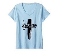 Femme Believe Christian Cross Jesus Christ Cross Faith Bible Verse T-Shirt avec Col en V