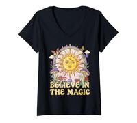 Femme Believe in The Magic Sun Champignon Boho Hippie Art T-Shirt avec Col en V
