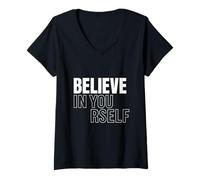 Femme Believe in Yourself Citation Motivation Minimaliste T-Shirt avec Col en V