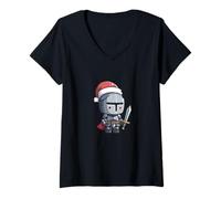 Femme Belle Armure de Chevalier avec épée au Look de Noël T-Shirt avec Col en V