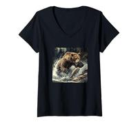 Femme Belle Saison de pêche avec ce Motif d'ours Cool T-Shirt avec Col en V
