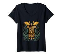 Femme Béni par Dieu aimé par Jésus dirigé par l'esprit chrétien T-Shirt avec Col en V