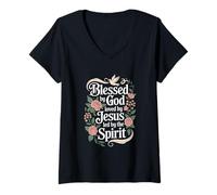 Femme Béni par Dieu Aimé par Jésus Dirigé par l'esprit Foi Chrétienne T-Shirt avec Col en V