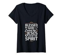 Femme Béni par Dieu Aimé par Jésus Dirigé par l'esprit Foi Chrétienne T-Shirt avec Col en V