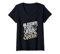 Femme Béni par Dieu Aimé par Jésus Esprit Chrétien T-Shirt avec Col en V