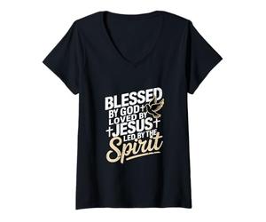 Femme Béni par Dieu Aimé par Jésus Esprit Chrétien T-Shirt avec Col en V