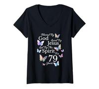 Femme Béni par Dieu Aimé par Jésus pour Ses 79 Ans et Son 79e Anniversaire T-Shirt avec Col en V