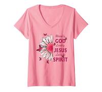 Femme Béni par Dieu - Aimé par Jésus, tournesol rose et papillon T-Shirt avec Col en V