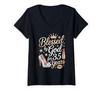 Femme Béni par Dieu Depuis 35 Ans, Joyeux 35e Anniversaire T-Shirt avec Col en V