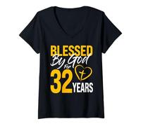 Femme Béni par Dieu Pendant 32 Ans | 32e Anniversaire Lord Worshippers T-Shirt avec Col en V